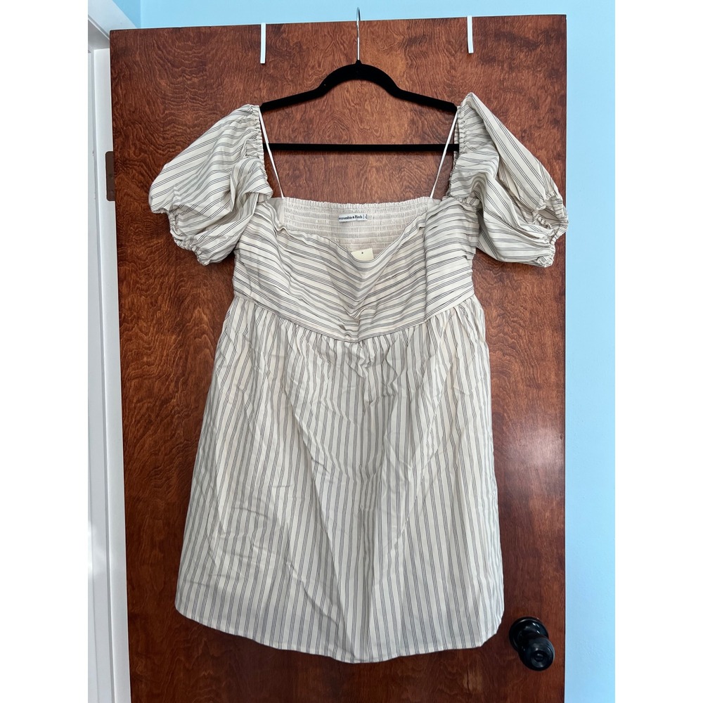 Abercrombie & Fitch Mini Dress Women XL Cream NWT Striped Smocked Cold Shoulder